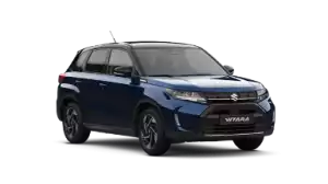 Dunkelblauer Suzuki Vitara 1.4 BOOSTERJET HYBRID Comfort+ in Front-Seitenansicht – Top‑Ausstattungslinie