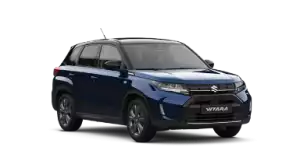 Dunkelblauer Suzuki Vitara 1.4 BOOSTERJET HYBRID Comfort in Front-Seitenansicht – mittlere Ausstattungslinie