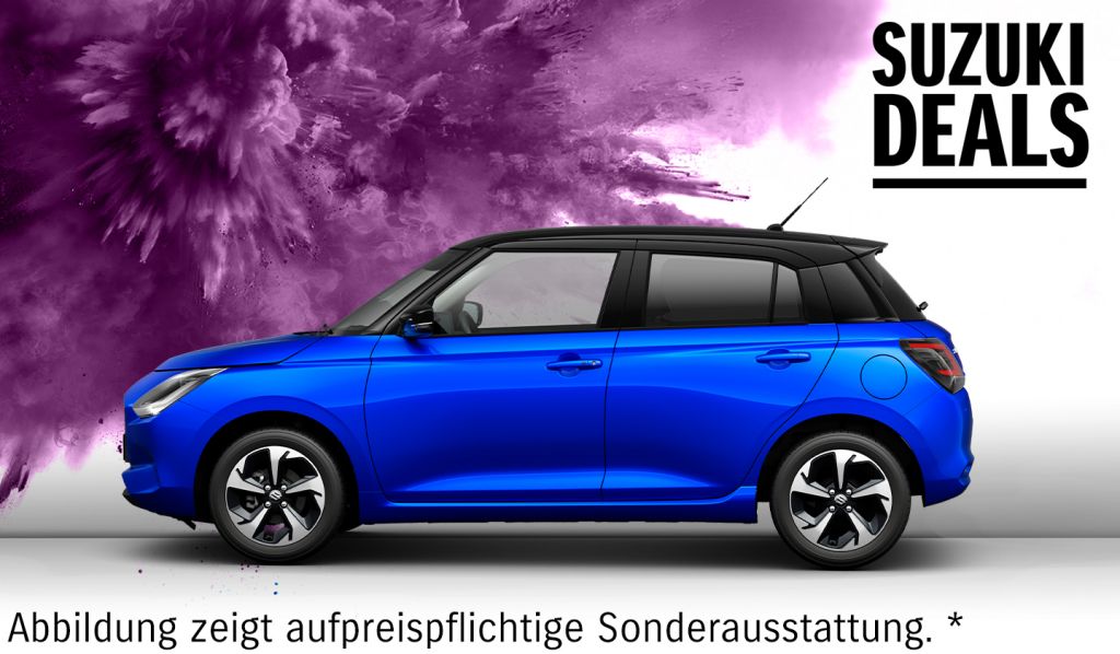 Blauer Suzuki Swift Hybrid vor lila Farbeffekt in Seitenansicht – Suzuki Deals