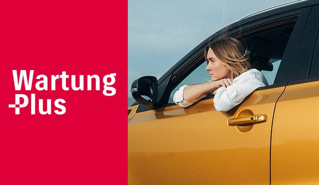 Wartung Plus Logo und eine Frau die aus dem Fenster eines gelben Suzuki Vitara schaut.