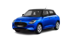 Blauer Suzuki Swift 1.2 DUALJET HYBRID Comfort in Front-Seitenansicht – mittlere Ausstattungslinie
