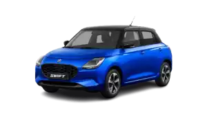 Blauer Suzuki Swift 1.2 DUALJET HYBRID Comfort+ in Front‑Seitenansicht – Top‑Ausstattungslinie