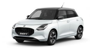Weißer Suzuki Swift 1.2 DUALJET HYBRID Comfort+ in Front-Seitenansicht