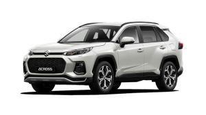 Weißer Suzuki Across PLUG-IN HYBRID Comfort+ in Front-Seitenansicht