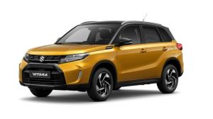 Gelber Suzuki Vitara 1.4 BOOSTERJET HYBRID Comfort+ in Front-Seitenansicht