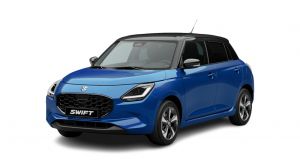 Blauer Suzuki Swift 1.2 DUALJET HYBRID Comfort+ in Front-Seitenansicht